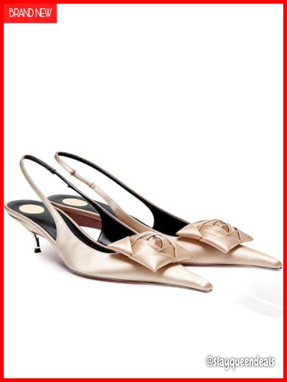 Satin Slingback Kitten Heels Pointed Toe 3D Rose Wedding Party Pumps
